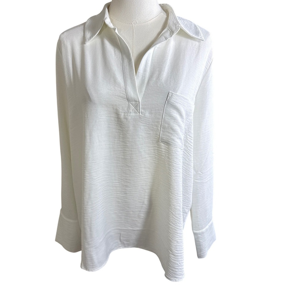 Pleione Womens White Textured V-Neck Tunic Blouse Chest Pocket M XSQ506122RK
